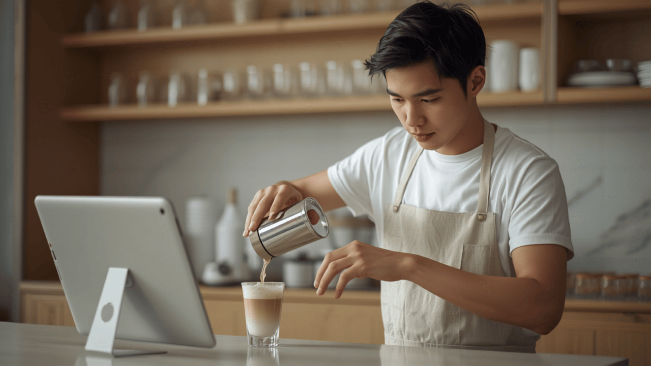 Nhân viên quán đồ uống pha chế bên cạnh máy tính bảng hiện đơn hàng
